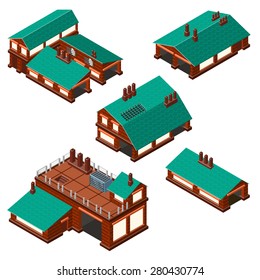 Isometric set of factories, production facility layout plan.