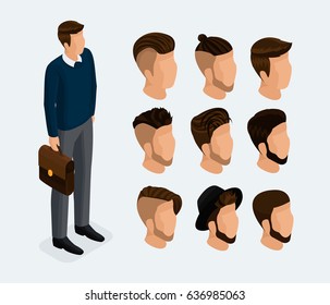 Isometric set of fashionable hairstyles for a man, a businessman. Male head in 3D for character animation. Stylish hairstyles, styling, hair color for men. Vector illustration.