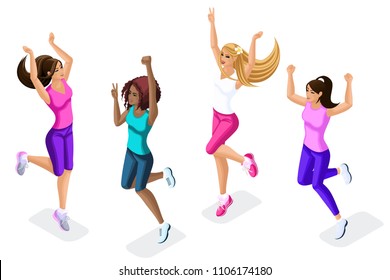 Isometric set of female athletes jumping, running, front view, beautiful hairstyles for sports, clothes and sneakers set 2