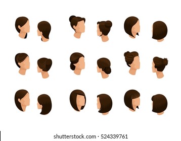 Isometric set of female hair styles man's head. Options stylish haircuts, hair business woman pretty cute on a white background. Isolated. Vector illustration.