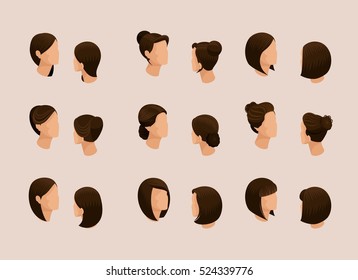 Isometric set of female hair styles man's head. Options stylish haircuts, hair business woman pretty cute in the background. Isolated. Vector illustration.