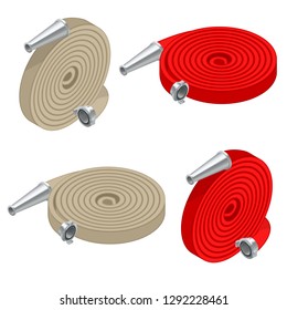 Isometric set of fire hoses. Fire safety and protection. Rolled into a roll, red fire hose with aluminum connective couplings isolated. Vector illustration