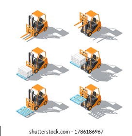 Isometric set Forklift truck with pallet and boxes isolated on white background. Fork loader, logistics company, warehouse. 3D Cargo delivery infographics. Forklift with the fork raised and lowered