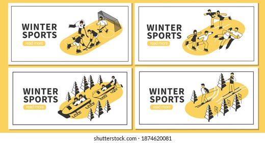 Isometric set of four horizontal banners with winter sports hockey figure skating skiing bobsleigh competitions 3d isolated vector illustration