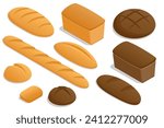 Isometric set of Fresh Crusty Breads. Whole grain rye and wheat bread. Homemade fresh baked various loaves of wheat and rye bread