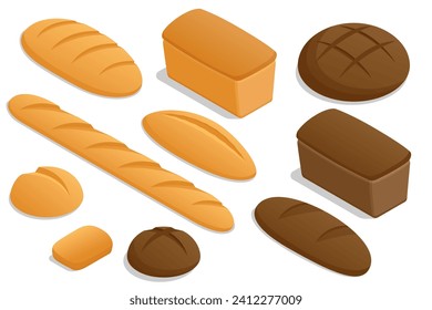 Isometric set of Fresh Crusty Breads. Whole grain rye and wheat bread. Homemade fresh baked various loaves of wheat and rye bread