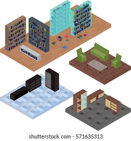 Isometric set furniture of bookshelves, table, sofa, armchair, wardrobe, tv stand, chest of drawers