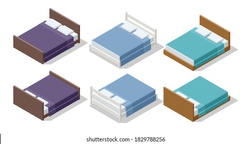 Isometric set furniture double bed illustration isolated on white background. Wooden double bed with linen