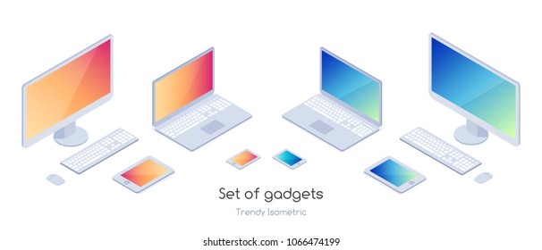 Isometric Set Of Gadgets. 3d Computers, Laptops And Smartphones On A White Background. Vector Illustration.