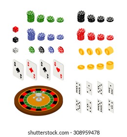 Isometric set of gambling and casino items - roulette, poker chips, playing cards, dice, domino, coins, isolated on white background