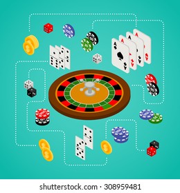 Isometric set of gambling and casino items - roulette, poker chips, playing cards, dice, domino, coins, isolated on white background