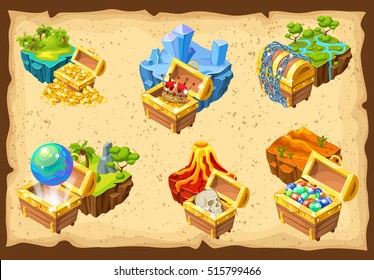 Isometric set of gaming islands with various landscapes and hidden treasures on light background isolated vector illustration 