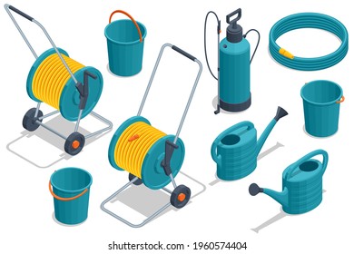 Isometric set of garden tools. Hose, sprayer, bucket, watering, isolated on white background.