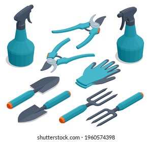 Isometric set of garden tools. Rake, pruner, sprayer, shovel, mittens, pitchfork, cutter, isolated on white background.