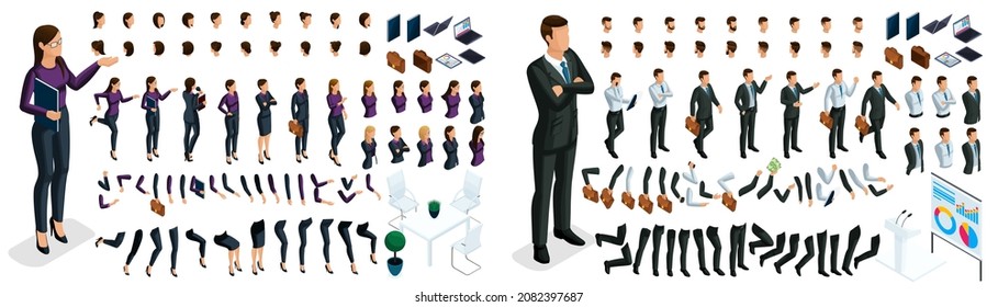 Isometric Set of gestures of hands and feet of a woman 3d business lady. Create your own isometric character in stylish clothes, an office worker for vector illustrations