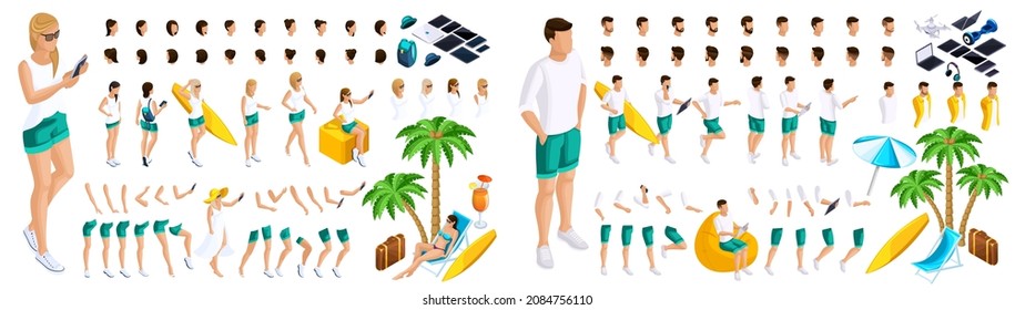 Isometric Set of gestures of hands and feet of girls and guys 3d teenagers, rest, girls and guys on the beach. Create your character for vector illustrations.