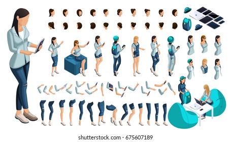 Isometric Set Of Gestures Of Hands And Feet Of A Girl 3D Teenager, Student, Modern Jeans Clothes. Create Your Character For Vector Illustrations.