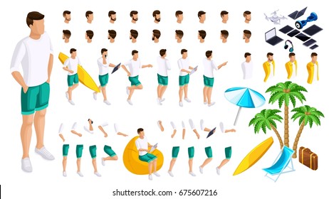 Isometric Set of gestures of hands and feet of a male 3d teenager, rest guy on the beach. Create your character for vector illustrations.