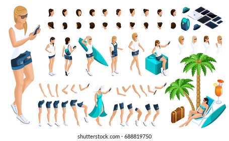 Isometric Set of gestures of hands and feet of the girl 3D teenager, rest, girl in jeans and a vest. Create your character for vector illustrations.