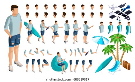 Isometric Set Of Gestures Of Hands And Feet Of A Male 3d Teenager, Rest Guy In Summer Clothes. Create Your Character For Vector Illustrations.