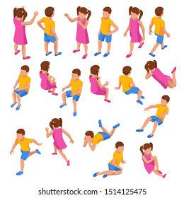 Isometric Set Of Girl And Boy In Different Poses Stands, Runs, Sits, Lies And Others On White Background. Constructor Set Or Creation Kit