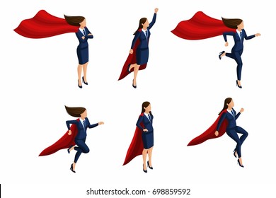 Isometric Set Of Girls, 3d Business Lady, Super Hero. Business Suit, Raincoat. Office Worker With Super Abilities.