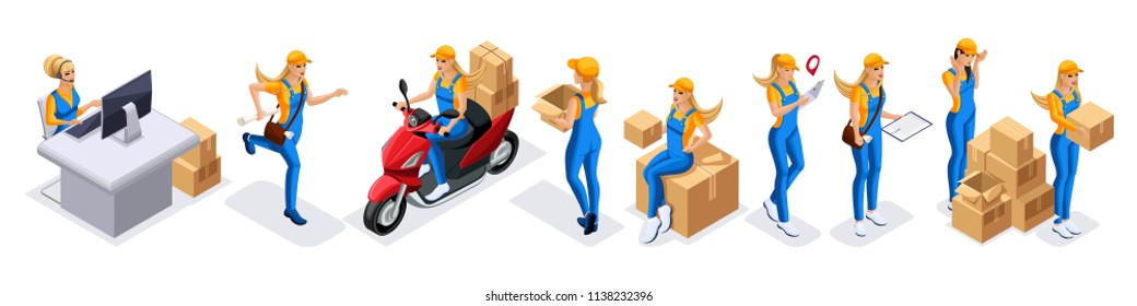 Isometric set of girls couriers, delivery service. Girl courier runs, edits on the moped during the delivery of the order, work 24 hours, fast delivery.