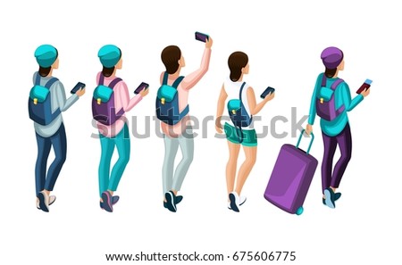 Isometric Set of girls in different clothes teenagers with backpacks go forward, rear view. Set for vector illustrations.