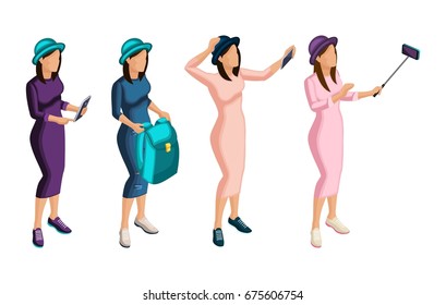 Isometric Set of girls in different fashionable clothes teenagers hipsters, selfies, chat, social networks. Set for vector illustrations.