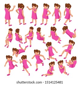 Isometric set of girls in different poses stands, runs, sits, lies and others on white background. Constructor set or creation kit