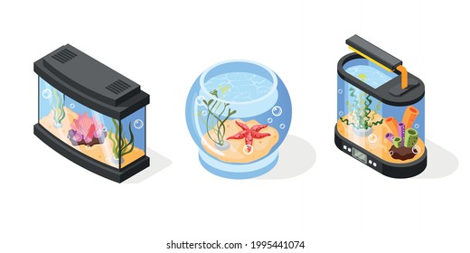 Isometric set of glass aquarium and fish bowl with water starfish plants and corals isolated on white background vector illustration