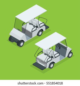 Isometric set golf cart or Golf car icons vector illustration isolated on background.  Flat 3d illustration. For infographics, game and design 