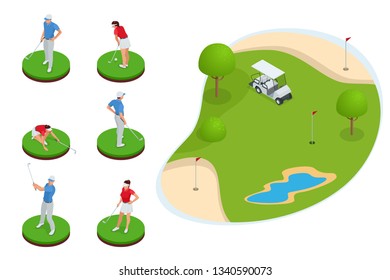 Isometric set of golf elements. Equipment for playing golf isolated vector illustration