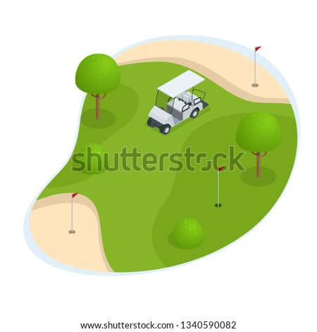 Isometric set of golf elements. Equipment for playing golf isolated vector illustration