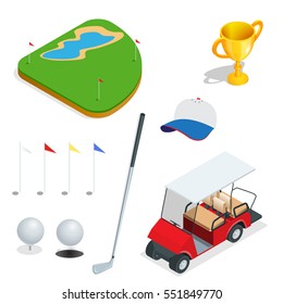Isometric set golf icons vector illustration isolated on white background.  Flat 3d isometric illustration. For infographics and design 
