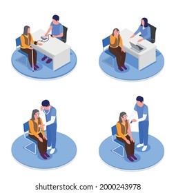 Isometric set of grandmothers in doctors offices receiving health advice vector illustration