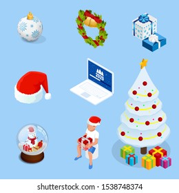 Isometric set of graphic elements for Christmas cards. New Year elements.