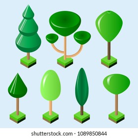 Isometric set of green trees of various shapes isolated on white background. Vector illustration.