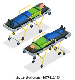 Isometric set of a gurney or wheeled stretchers isolated on white. Healthcare, reanimation, emergency room and medicine concept