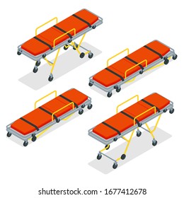 Isometric set of a gurney or wheeled stretchers isolated on white. Healthcare, reanimation, emergency room and medicine concept