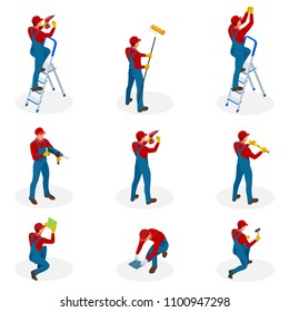 Isometric set with Home repair workers doing maintenance, industrial contractors workers people. Isolated over white background svg