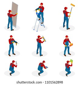 Isometric set with Home repair workers doing maintenance, industrial contractors workers people. Isolated over white background