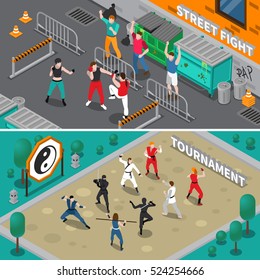 Isometric set of horizontal banners with people doing martial arts outdoors isolated vector illustration