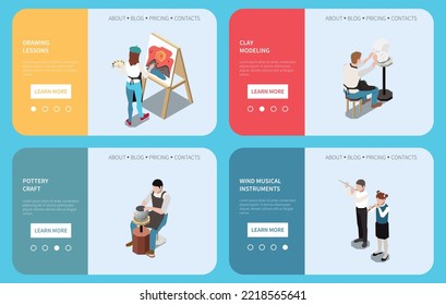 Isometric set of horizontal website banners with art school students painting doing pottery clay modelling and playing wind instruments isolated vector illustration