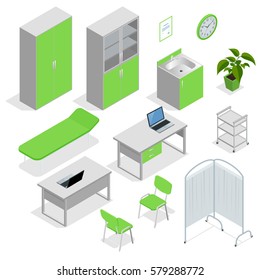 Isometric set of Hospital equipment and furniture. Flat icons isolated vector illustration equipment with scanner monitor and operation table