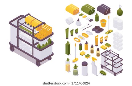 Isometrisches Set-Hotel-Trolley oder Hausmädchen für die Reinigung von Personal mit Einwegprodukten