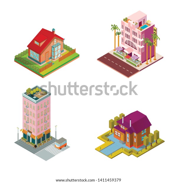 \
isometric set of houses, cottages, hotels,\
country houses in the\
vector