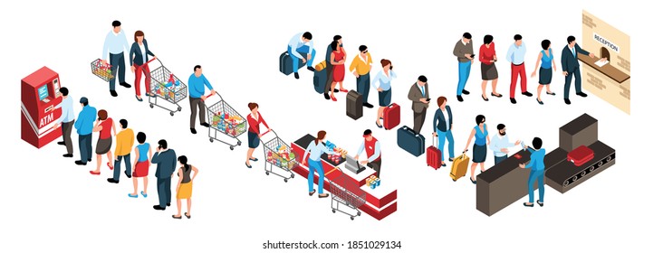 Isometric set of human characters in queues in various public places 3d isolated vector illustration