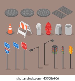 Isometric Set Icon Of City Objects And Elements. Traffic Light, Urn, Road Sign, Sewerage, Lamp Post, Urban, City, 3d, Vector.