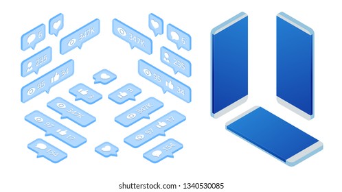 Isometric set of icon like, icon follower icon comment and phone. Communication in social networks. Screen with modern gradient.